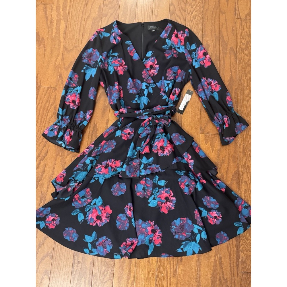 NWTs TAHARI 12 Long Sleeve Floral Faux Ruffle Wrap Dress Black Berry Date Night